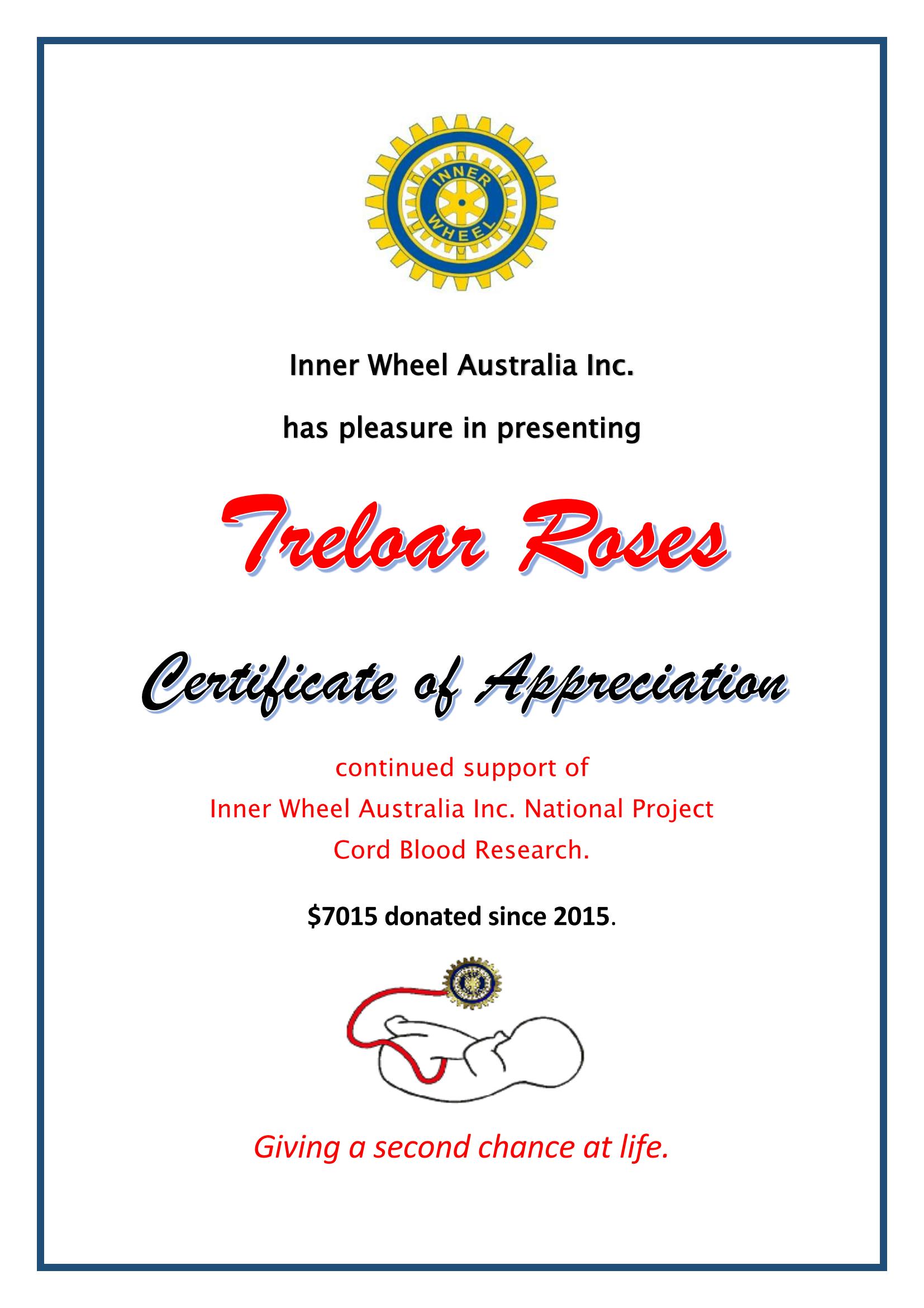 Treloar Roses Certificate of Appreciation